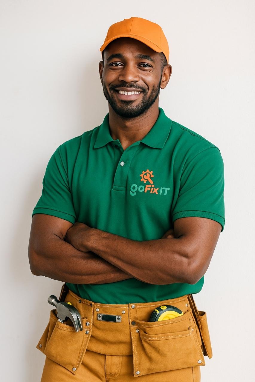 Smiling GoFiixit technician in a branded green polo and tool belt